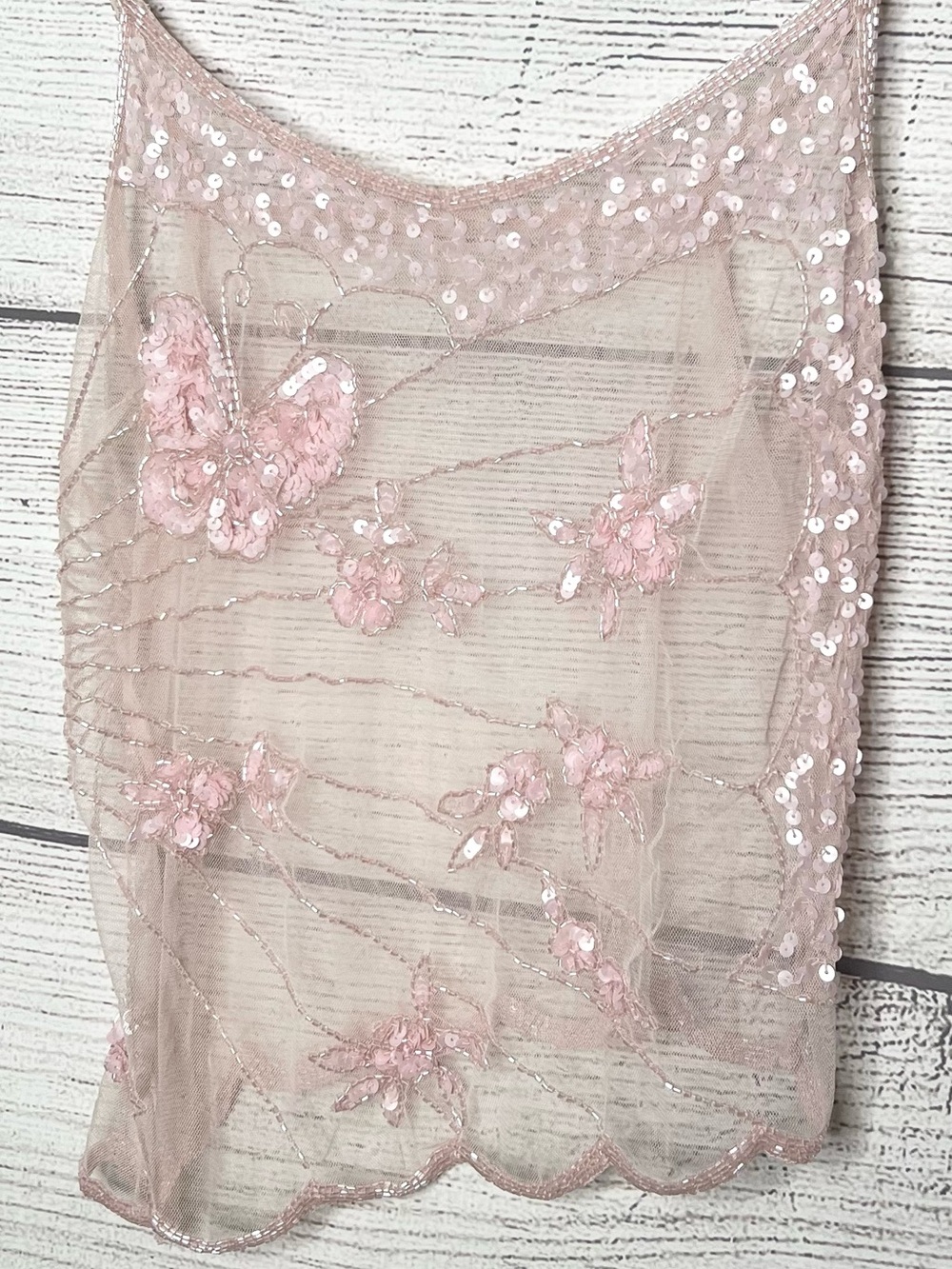 Y2K Sheer Pink Beaded Embroidered Asymmetrical Butterfly Camisole Top Size Small - Picture 5 of 10